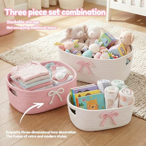3Pcs Pink Bow Baskets , Coquette Woven Cotton Rope Storage Baskets with Handles, Cute Ribbon Decorative Laundry Hamper Bins for Nursery, Shelf, Makeup, Diaper, Baby Shower Nesting Organizer - Image 2