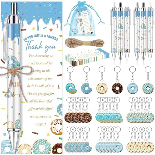 145 Pieces Donut Baby Shower Favors for Guest Sprinkled with Love Ballpoint Pens and Keychains Gifts for Boys Bulk Retractable Baby Shower Pens Gender Reveal Thank You Cards Souvenirs Prizes by EYNDYN