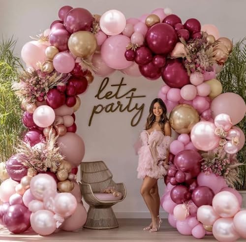 Burgundy Pink Balloon Garland Double Stuffed Pastel Pearl Pink Gold Mauve Balloons Maroon Latex Plum Balloon Arch Kit for Women's Birthday Wedding Baby Shower Decoration by Corvani