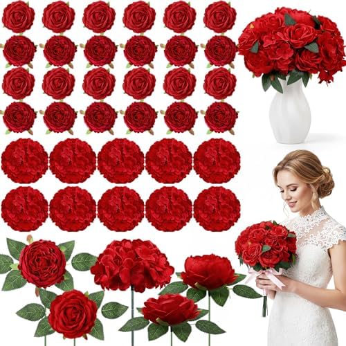 Suncalla 60 Pcs Assorted Silk Artificial Flowers, Faux Fake Full Hydrangea Peony Rose Bouquet with Leaf Stem for Wedding Centerpiece Bridal DIY Craft Baby Shower Party Decor(Red) by Unknown