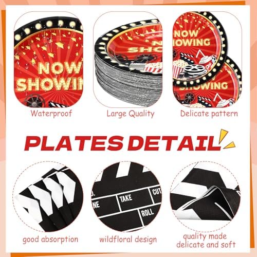 Funnymoom 452 Pcs Movie Night Party Decorations Supplies Set Include Movie Theme Birthday Paper Plates Napkins Cups Tablecloth Cutlery Straws for Now Showing Red Carpet Birthday Party - Image 2