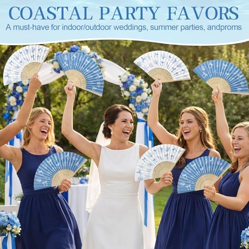 Wenqik 24 Sets Coastal Seashell Folding Fans Bulk with Organza Bags Blue Bow Beach Paper Hand Fans for Wedding Last Toast on The Coast Baby Shower Summer Ocean Under The Sea Party Favors Supplies - Image 2