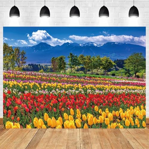 10x5ft Spring Backdrop Flower Field Green Tree Photography Background Blue Sky White Cloud Mountain Nature Scenery Bridal Shower Wedding Banner Decorations Birthday Portrait Photo Booth Prop - Image 2