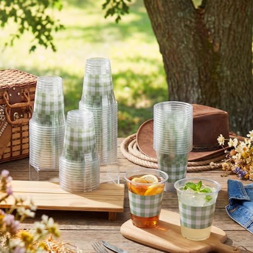 100 Pcs Sage Green Gingham Plastic Cups for Baby Shower, 12 oz - Image 5