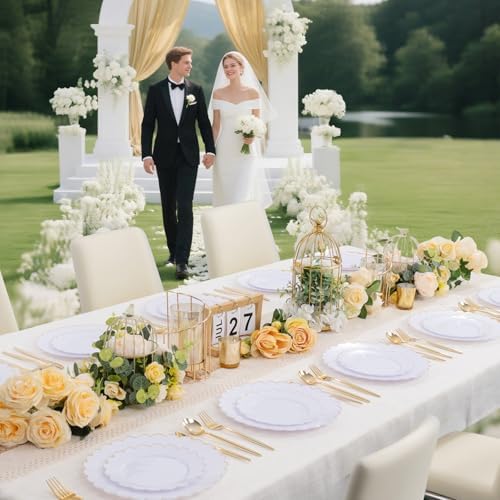 LIYH 120 Pcs White Scalloped Plastic Plates, Gold Disposable Party Plates - Image 5