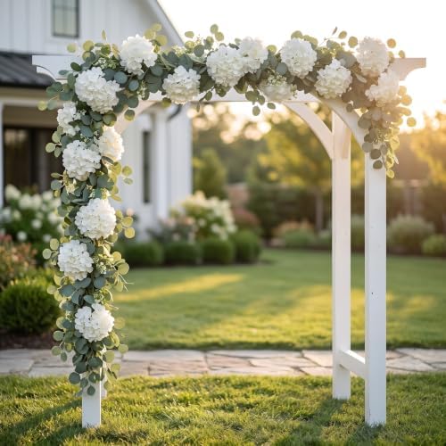 Artificial Hydrangea Flower Garland with Eucalyptus & Baby’s Breath 2PCS 6FT Floral Vines Greenery Garland for Mantel Wedding Arch Table Centerpiece Coastal Home Outdoor Decor (2, White) - Image 5
