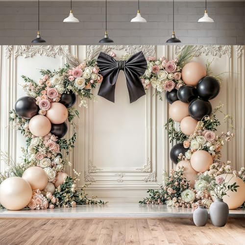 12x8ft Bow Wedding Photography Backdrop Black Bow Floral Balloons Backdrops White Vintage Wall Background Coquette Banner for Girls Birthday Party Decorations - Image 4
