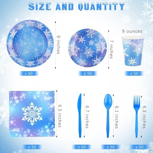 durony 350 Pcs Frozen Birthday Party Supplies Winter Snowflake Frozen Plates Napkins Cups Plastic Cutlery Frozen Party Disposable Tableware for Christmas Winter Wonderland Decorations Serve 50 Guests - Image 2