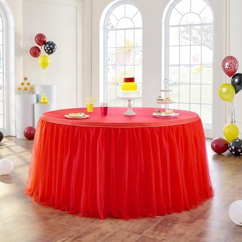 108inch Red Tulle Table Skirt for Rectangle Tables 4/6/8ft, 2-Layer Ruffle Tulle Tutu Red Cloth Table Desk Skirts 9ft for Chrismas Birthday Party Baby Shower Cake Dessert Tables(No Top Cover) - Image 2