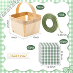 30 Pack Fruit Baskets Wood Small Picnic Berry Basket with Handle Mini Baskets for Gifts Sage Green Farmers Display Basket with Ribbon and Napkins for Camping(Plaid) - Image 2