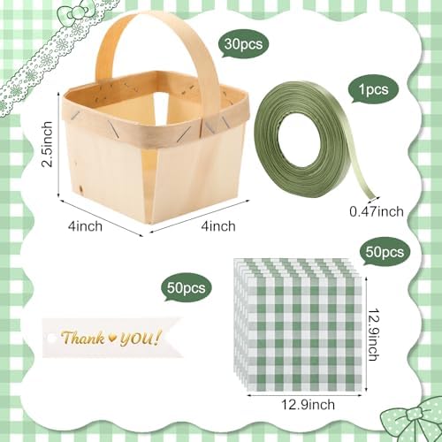 30 Pack Fruit Baskets Wood Small Picnic Berry Basket with Handle Mini Baskets for Gifts Sage Green Farmers Display Basket with Ribbon and Napkins for Camping(Plaid) - Image 2