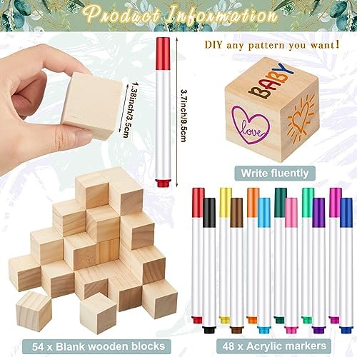 Tenceur 104 Pcs Baby Shower Game Sign Set Baby Shower Blocks to Decorate 54 DIY Blank Wooden Block 48 Watercolor Markers with Acrylic Box Set for Games Gender Reveals Party Supplies - Image 3