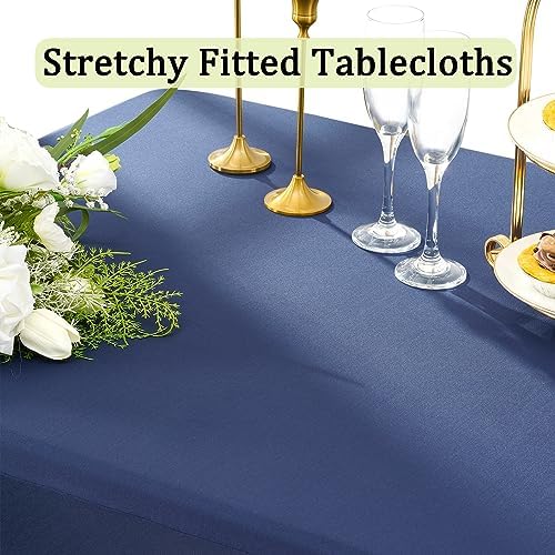 2 Pack Navy Blue Spandex Tablecloths for 8 Foot Rectangle Tables, Wrinkle Free Fitted Table Cloths 8ft Stretchy Table Cloth Covers with Skirt for Parties Weddings Birthday Banquet Baby Shower - Image 2