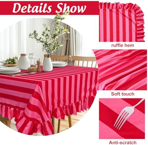 JarThenaAMCS Ruffle Tablecloth Boho Pink Red Striped Table Cloth Rectangle Decorative Table Cover for Home Kitchen Dining Baby Shower Party Wedding Decor, 60 x 84 Inch(Include Ruffle Edge) - Image 3
