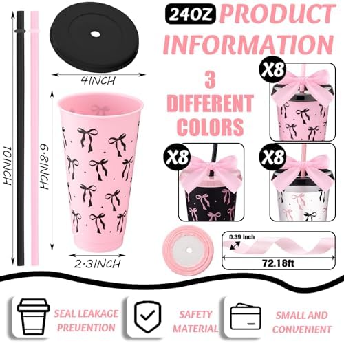 Skylety 24 Pcs Black and Pink Bow Plastic Cups with Lid Straw and Ribbon - Image 2