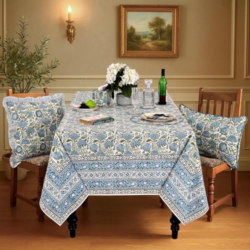 Ridhi Asparagus Green Block Print Cotton Rectangle Table Cloth, 52x70 inch - Image 2
