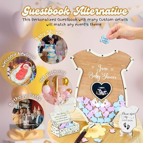 Baby Shower Guest Book Alternative Onesie Wooden Keepsake Gender Reveal - Image 3