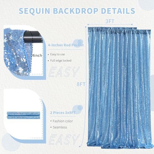 Birthday Backdrop Curtain Baby Blue Shimmer Sequin Backdrop Drapes 6x8FT - Image 3