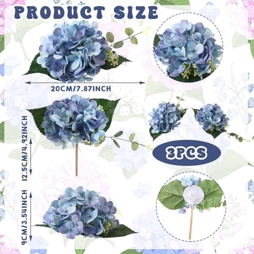 Norme 3 Pcs 7.87 Inches Pre-Made Blue Hydrangea Cake Toppers, Faux Flowers Decor for Wedding Cakes, Birthday, Baby Shower & Baptism Party Decorations, Floral Theme Cake Decor - Image 2