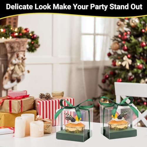 EUSOAR Clear Cupcake Boxes, 3.5 Inch 50 Pack Muffins Gift Wrappers Cake Containers with Inserts and Ribbon, Dessert Pastry Holder Disposable Cookies Carrier for Wedding Party Favor Bakery-Green - Image 6