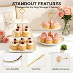 14Pcs Dessert Table Display Set, Cupcake Stand with Gold Metal Rod, 3-Tier Cup Cake Tower Stands, 2-Tiered Serving Trays, Food Platters for Tea Party, Baby Shower, Bridal, Wedding, Birthday, Plastic - Image 3