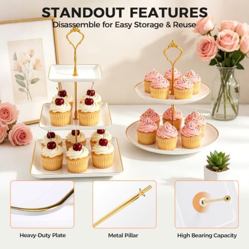 14Pcs Dessert Table Display Set, Cupcake Stand with Gold Metal Rod, 3-Tier Cup Cake Tower Stands, 2-Tiered Serving Trays, Food Platters for Tea Party, Baby Shower, Bridal, Wedding, Birthday, Plastic - Image 3