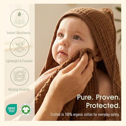 Organic Muslin Hooded Baby Bath Towel 4pc for Newborn - Navy Brown - Image 3