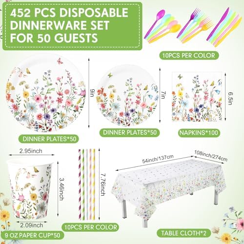 Funnymoom 452 Pcs Wildflower Party Supplies Include Spring Floral Disposable Paper Plates Napkins Cups Tablecloth and Cutlery Straws for Wedding Garden Tea Party Decoration Bridal Shower Baby Shower - Image 2