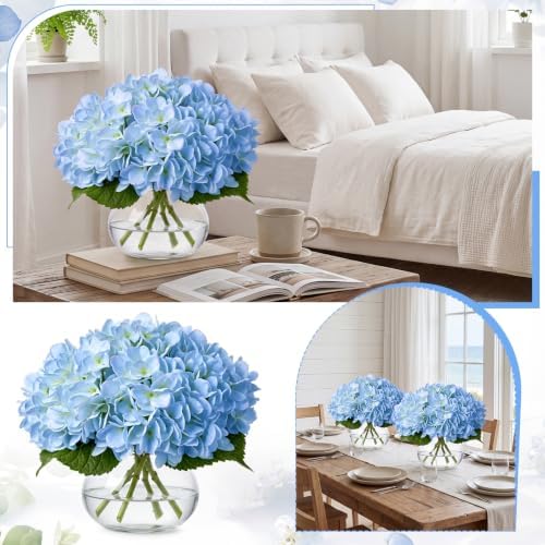 Zeyune 4 Pack Hydrangea Artificial Flowers Hydrangea Flowers Fake Silk Hydrangeas with Faux Vase and Water for Home Table Centerpieces Wedding Birthday Baby Shower Party Decoration (Blue) - Image 5
