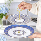 KAMMAK 2-Tier Porcelain Cupcake Stand Serving Tray, Dessert Plates Cake Fruit Candy Display Tower, Reusable Pastry Platter for Wedding Birthday Baby Shower Tea Party Decorations (Blue) - Image 4