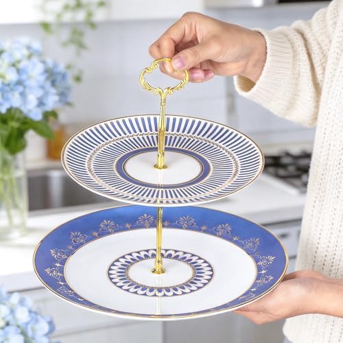 KAMMAK 2-Tier Porcelain Cupcake Stand Serving Tray, Dessert Plates Cake Fruit Candy Display Tower, Reusable Pastry Platter for Wedding Birthday Baby Shower Tea Party Decorations (Blue) - Image 4