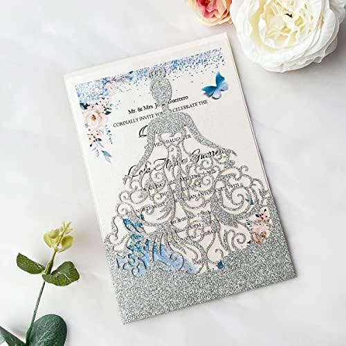 5.12 x7.28 inch 50PCS Silver Glitter Quinceanera Invitations Kit Laser Cut Hollow Girl Princess Pocket with Envelopes Invitations for Quinceanera Bridal Shower Invite - Image 2