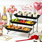 MALACASA 3 Tier Serving Trays for Party, Stoneware Serving Platters and Trays, 14 Inch Tiered Tray Stand, Fruit Tray, Trays for Serving Food, Black Dessert Stand with Collapsible Sturdier Metal Rack - Image 5