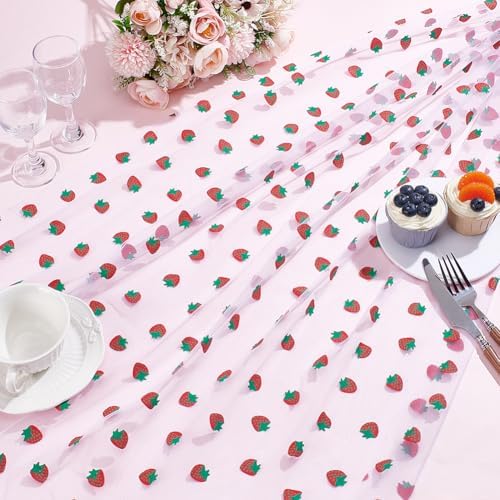 12 Pcs 29x70 Inch Strawberry Tulle Table Runner, White Lace Strawberry Tablecloth for Cake Birthday Party Wedding Baby Shower Christmas Decorations - Image 5