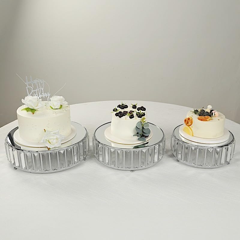 3 Silver Round Stackable Metal Cake Stands with Crystal Pendant and Mirror Top Wedding Birthday Party Display Dessert Riser Pedestal Centerpieces - Image 7