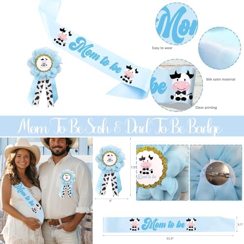 Costova Cow Baby Shower Decorations for Boys, Blue Cow Baby Shower Decorations, Holy Cow We Are Having a Baby Backdrop Balloon Box Tablecloth Sash Pin for Cow Print Baby Shower Gender Reveal - Image 4