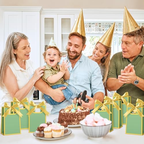 AmazingSpark 50 Pcs Sage Green Gold Mini Gift Bags Bulk 6.3 x 3.9 x 2.8 Inch Party Favors Elegant Small Gift Bags with Handles and Ribbon Bows for Wedding Birthday Bridal Baby Shower Party Favors - Image 4