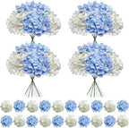 100 Pcs Faux White Blue Hydrangea Artificial Flowers Bulk, Fake Silk Hydrangea Flowers Heads with Stems for Wedding Decorations Garden Party Baby Shower Porch Home Decor Table Centerpieces by Cherica