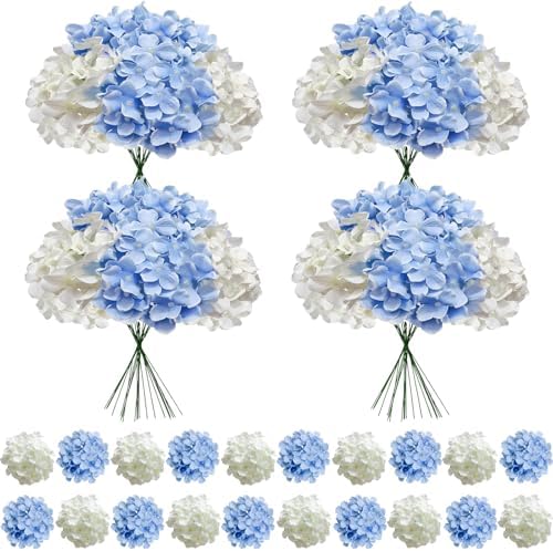 100 Pcs Faux White Blue Hydrangea Artificial Flowers Bulk, Fake Silk Hydrangea Flowers Heads with Stems for Wedding Decorations Garden Party Baby Shower Porch Home Decor Table Centerpieces by Cherica