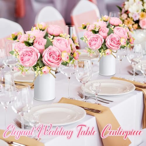 6 Sets Artificial Peonies Flower Peony Bouquet with Galvanized Metal Pot Silk Fake Peonies Faux Flower Arrangements for Wedding Table Centerpiece Party Home Room (Pink) - Image 5