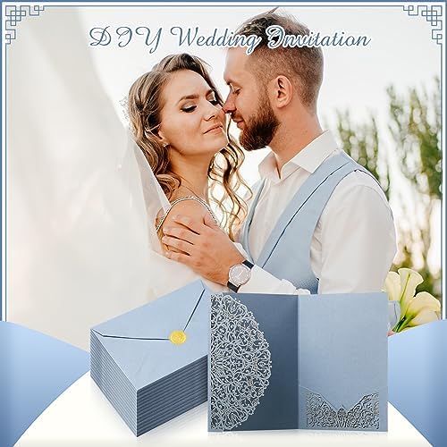 100 Set 5 x 7 Laser Cut Wedding Invitations, Dusty Blue - Image 5