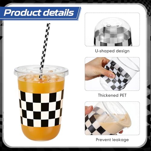 LemonRoad 50sets 16oz Checkered Cups Race Car Birthday Party Decorations Supplies Plastic Cups Disposable with Lids and Straws for Racing Themed Party Christmas Birthday Wedding Baby Shower Decoration - Image 4