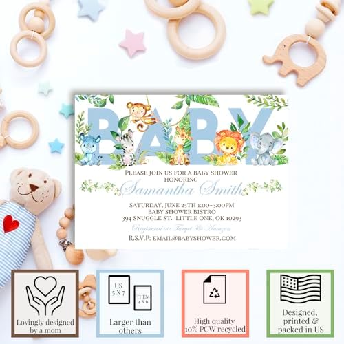 Custom Baby Shower Invites Blue Watercolor Jungle Invitations 20 5x7 Personalized Watercolor Safari Jungle Invitations With Envelopes - Unique Boy Watercolor Safari Jungle Baby Shower Cards - Image 2