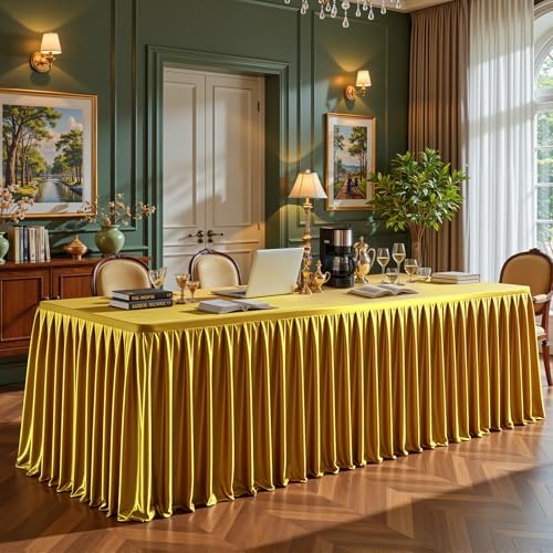 2 Packs Gold Satin Tablecloths Rectangle 8FT, Glitter Spandex Fitted Stretch Table Covers Wrinkle-Free Floor Length Shimmer Table Skirt for Weddings Parties Baby Shower Banquets Vendor Events - Image 3