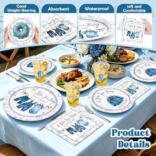 200 Pcs Blue Jean Baby Shower Decorations, Disposable Paper Plates Napkins Plastic Cups & Stickers, Denim Theme Party Tableware Set for Boy Baby Shower Birthday Gender Reveal Party Supplies Serves 50 - Image 3