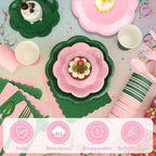 416 Pcs Pink And Green Party Supplies - For 52 Guests Paper Plates And Napkins Knives Spoons Forks Cups - Disposable Big Scalloped Dinner Party Set Cutlery - For Baby Shower Bridal Shower Wedding - Image 3