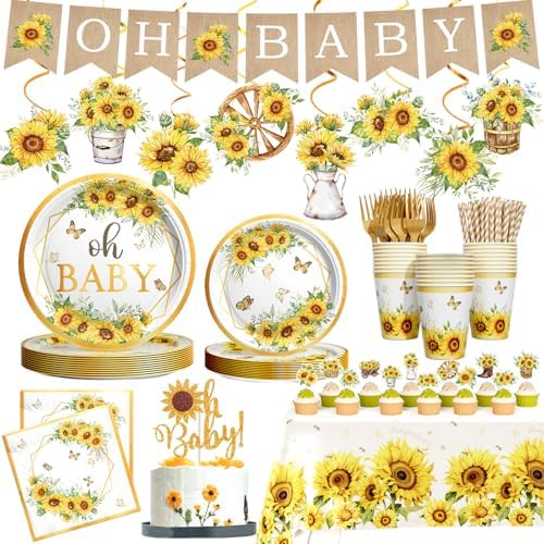 Hombae Sunflower Baby Shower Decorations for Girls, 179 PCs Sunflower Yellow Party Supplies with Plates, Napkins, Forks, Hanging Swirls, Banner, Tablecloth for Baby in Bloom Party, Serves 24 Guests by Hombae