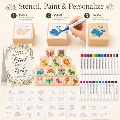 117 Pcs Baby Shower Blocks to Decorate Game Kit, 52 Wooden Baby Blocks for Baby Shower Games, 24 Acrylic Markers, 10 Stencils, Game Sign, DIY Baby Shower Activity & Gender Reveal Decor, Floral - Image 5