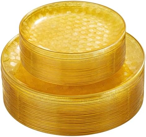 Festiva 60PCS Clear Yellow Gold Plastic Plates - Heavy Duty Fancy Disposable Plates With Gold Rim -serve for 30 guests Include 30PCS 10.25" & 30PCS 7.5" Honeycomb Design Plates for Party(Yellow) by Festiva