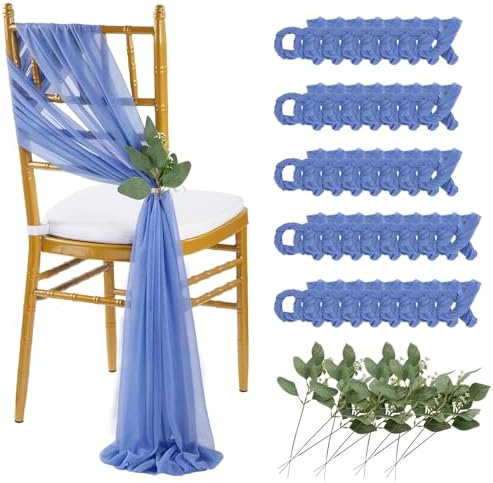 QueenDream Dusty Blue Sashes Wedding Chair Decorations: 50PCS Tulle Cover Bands Aisle Sheer Chair Bows for Birthday Party Banquet by QueenDream